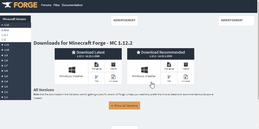 Downloading Forge from the Forge website.