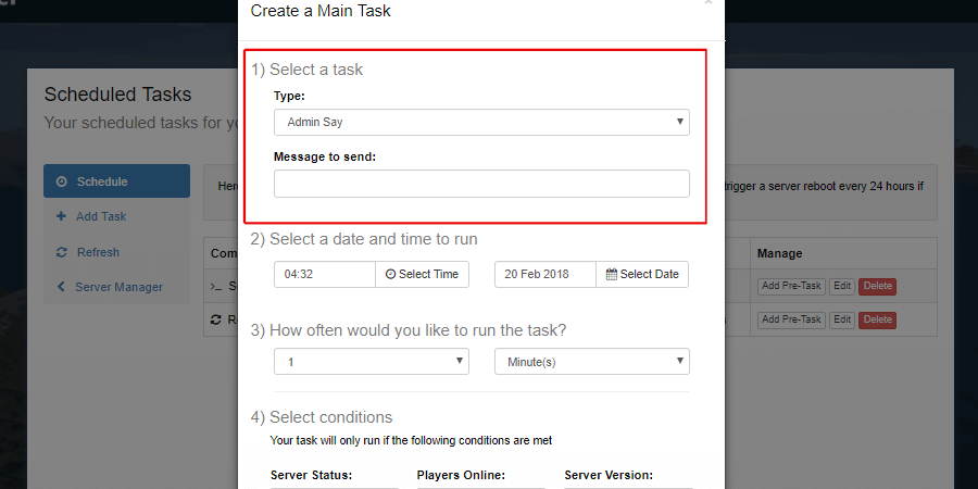 Task select location showing the Admin Say command and message option.
