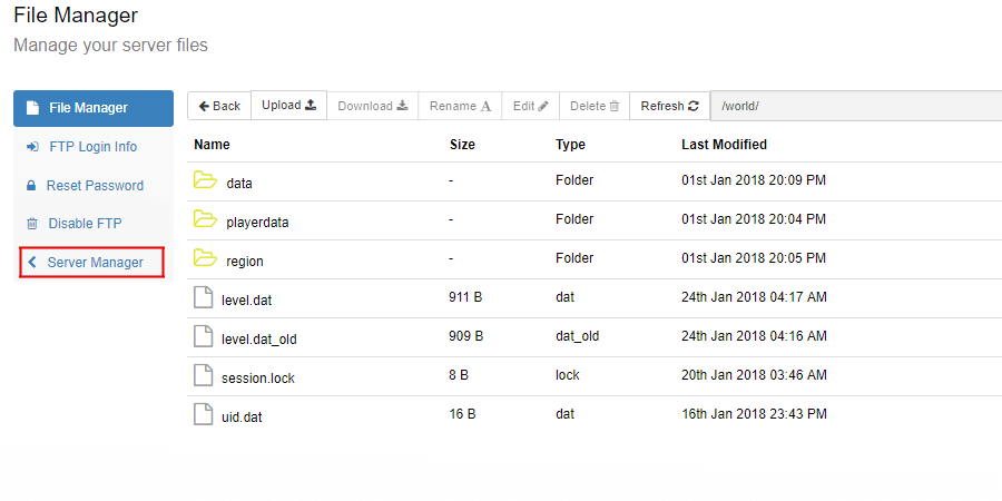 Server Manager location from the File Manager.