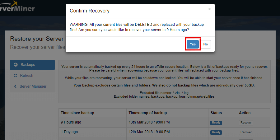The Confirm Recovery popup message showing the affirmative option.