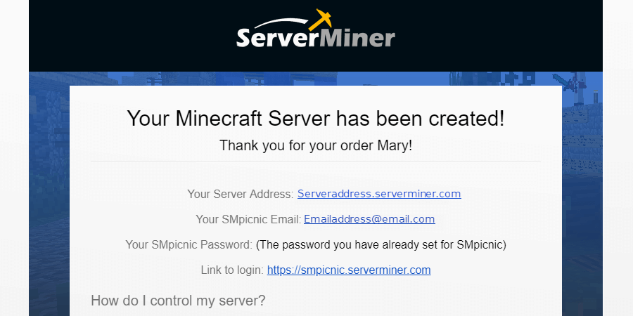 View of "Your Minecraft Server has Arrived" email.