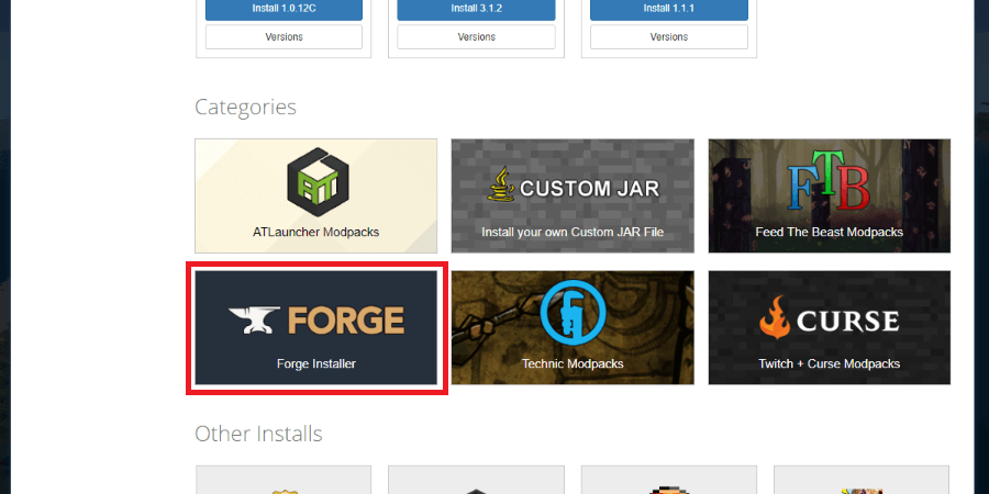 Click the Forge category in the Installer