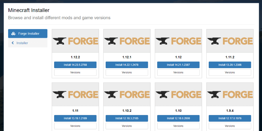 Install recommended or a different version of Forge