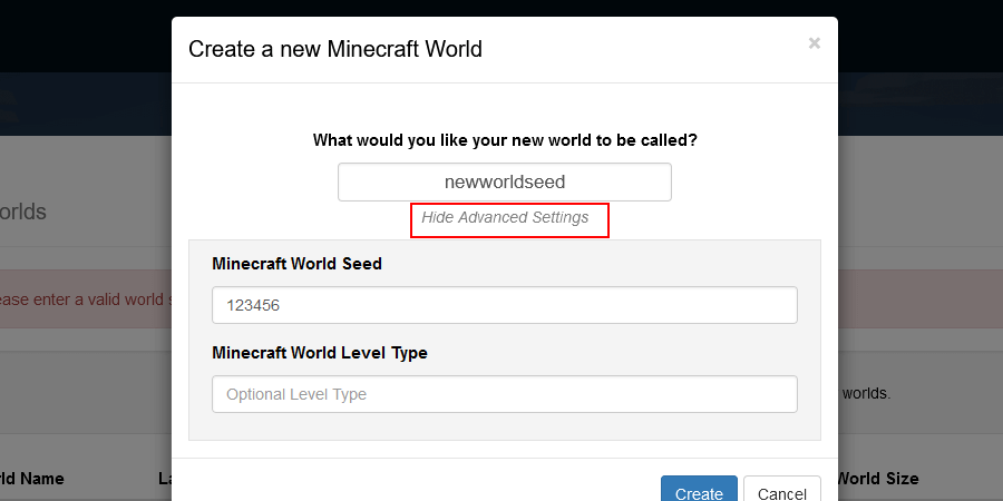 Type A World Name And Enter A Seed