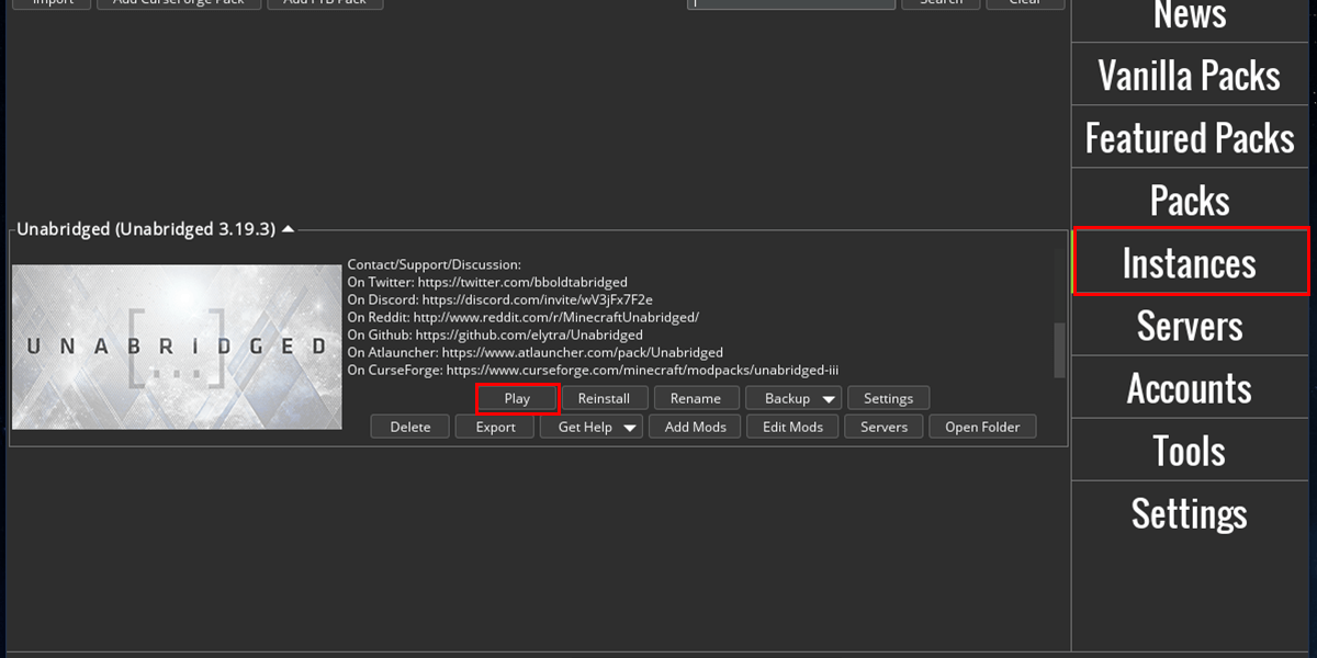 Instances tab and click Play on the modpack