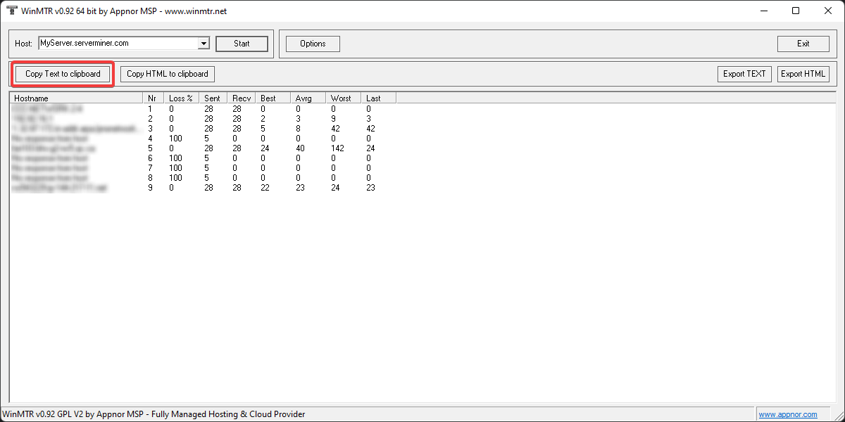 Screenshot showing WinMTR copy text to clipboard